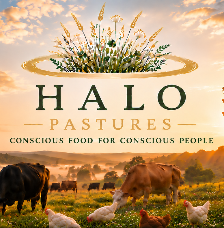 Halo Pastures logo, Conscious food for conscious people, over cattle and chickens on a sunlit pasture.
