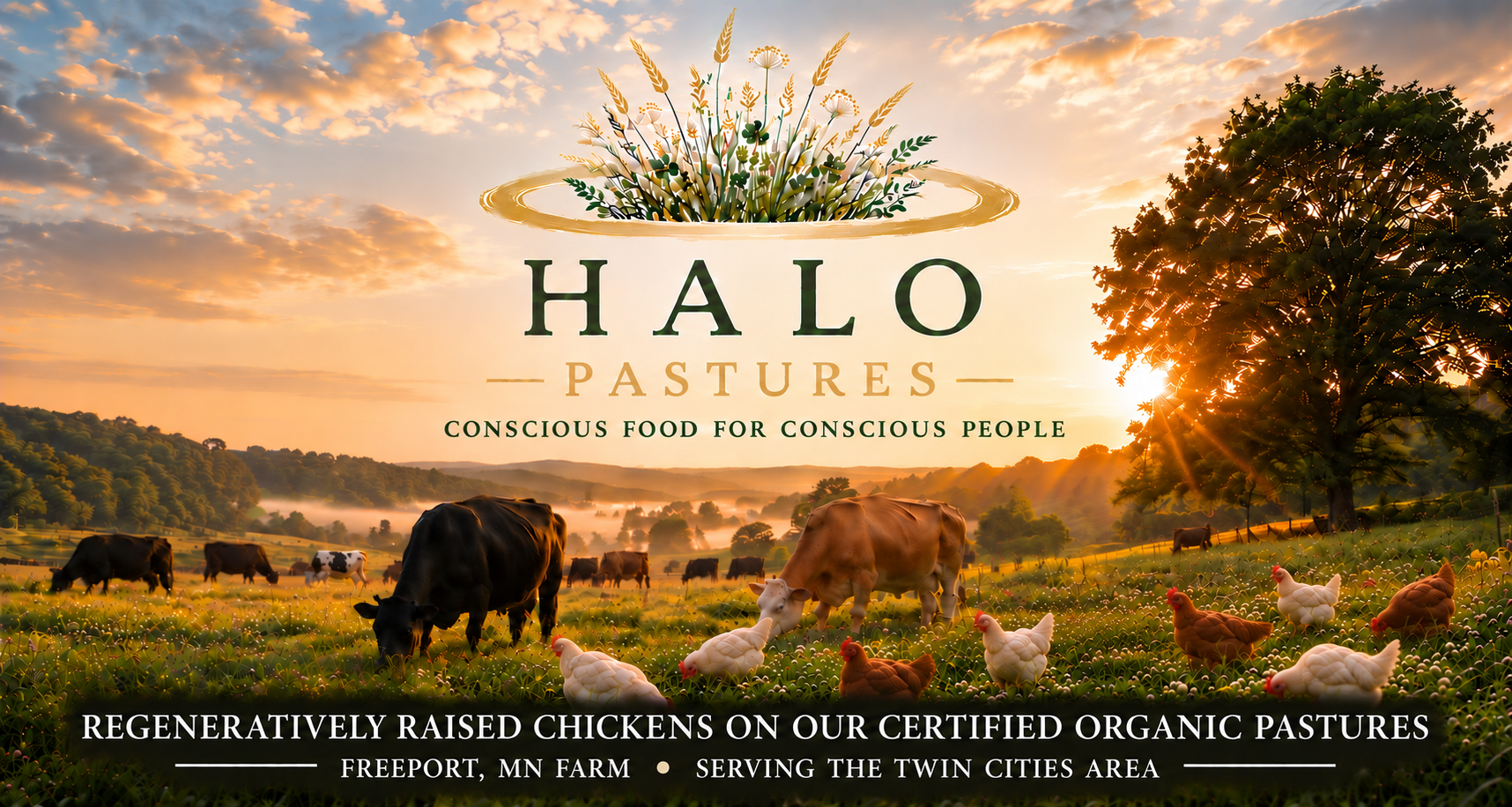 Halo Pastures logo, Conscious food for conscious people, over cattle and chickens on a sunlit pasture. Regeneratively raised chickens on our certified organic pastures. Freeport, MN farm, serving the Twin Cities area.